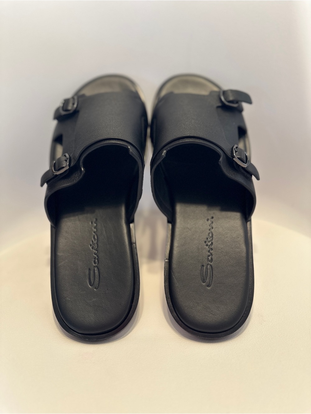 Santoni Black Leather Slide Sandals with Dual Buckle Straps - Picture 3 of 6